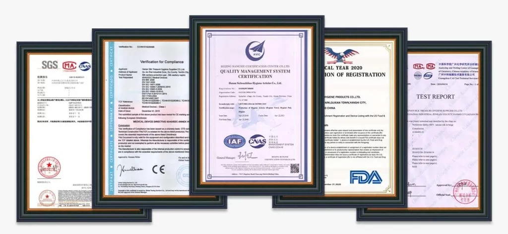 Sanitary napkin manufacturer certificate