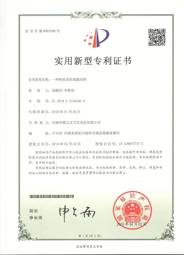 Patent-certificate-for-an-absorber-side-leakage-prevention-structure-utility-model
