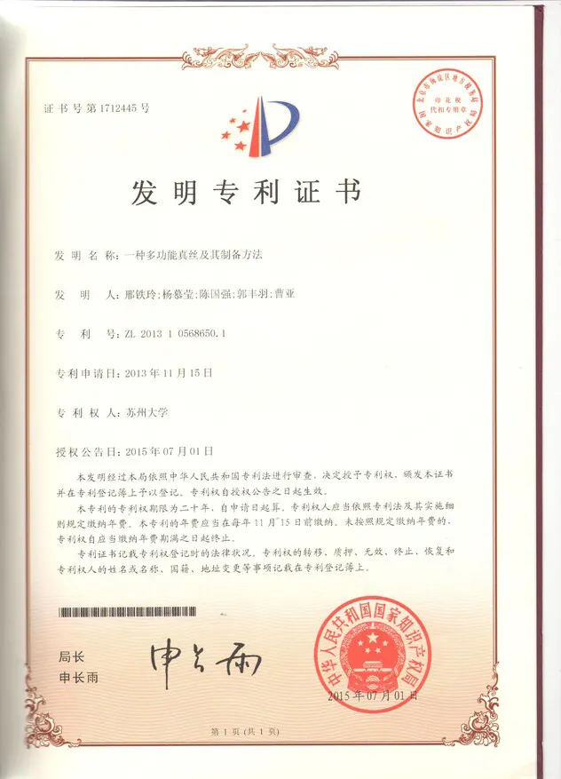 Patent-certificate-of-multifunctional-silk-and-preparation-method-thereof